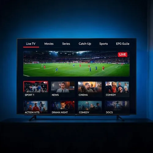 Iptv UK Subscription app interface showing Live TV Movies Series and Sports on Smart TV